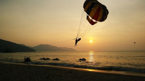 Silhouette person paragliding on beach against sky during sunset