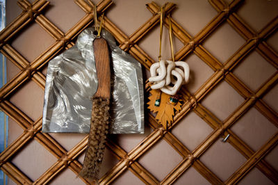 Close up of objects hanging on wall