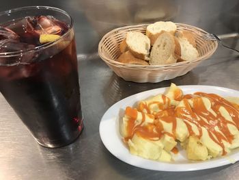 High angle view of dessert in glass on table