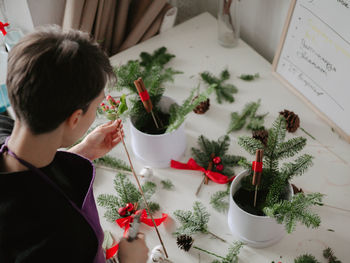 High angle view of man holding potted plant on table