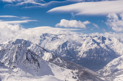 Scenic view of snowcapped mountains against sky