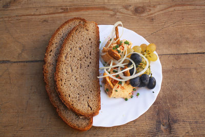 High angle view of breakfast served on table