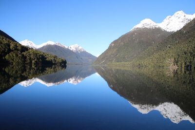 Scenic view of lake and mountains against clear blue sky