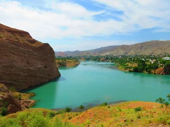 Scenic view of lake against cloudy sky