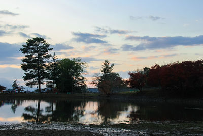 Scenic view of lake against sky at sunset