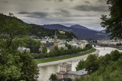 High angle view of river amidst buildings and mountains against sky