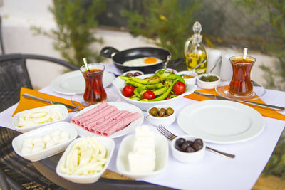 High angle view of food served on table