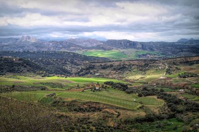 Colorful scenic landscape view from the mountains and valley of ronda, andalusia, spain