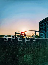 Close-up of sunglasses on plant against sky during sunset