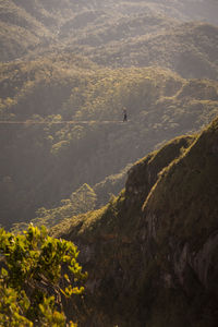 Beautiful view to adventure highliner on mountain with green forest