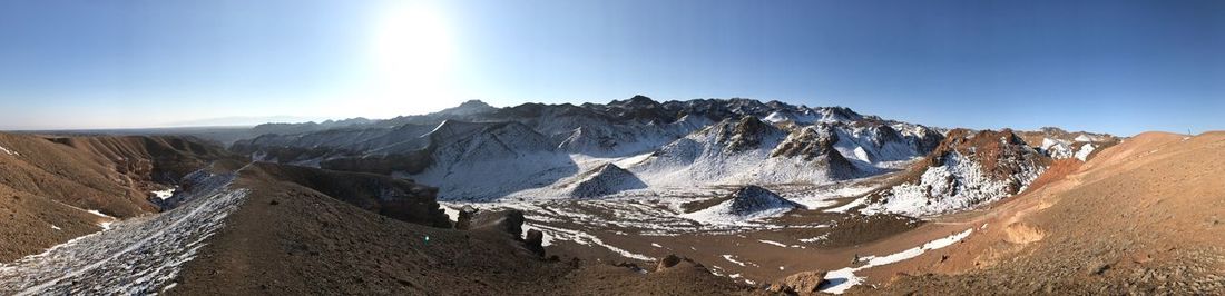 Panoramic view of snowcapped mountains against clear blue sky