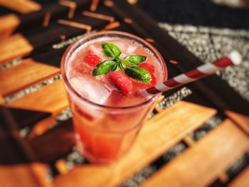 High angle view of drink on table