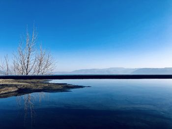 Scenic view of lake against clear blue sky