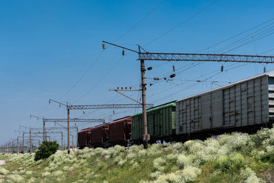 Railroad tracks against clear blue sky