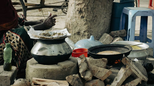 High angle view of food on barbecue grill