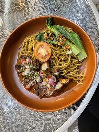 High angle view of food in bowl on table