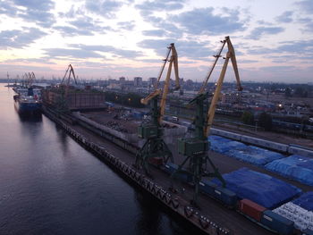 High angle view of commercial dock against sky