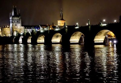Illuminated bridge over river in city at night