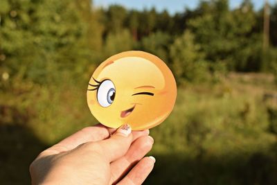 Close-up of hand holding smiley face