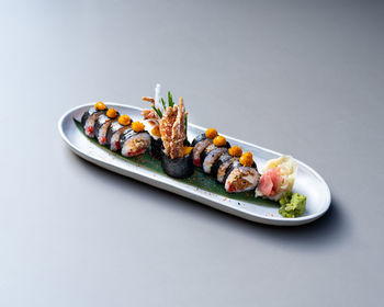 High angle view of food in plate on white background