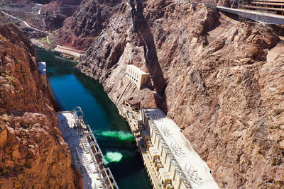 View of the colorado river and power station at the hoover dam in nevada, usa