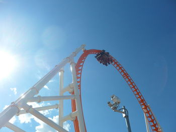 Low angle view of rollercoaster against blue sky