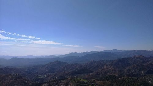 Scenic view of mountains against blue sky