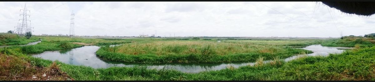 Scenic view of lake against cloudy sky