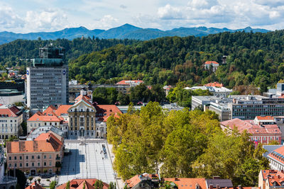 High angle view of trees and buildings in town