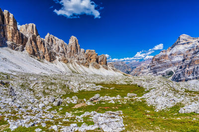 Scenic view of snowcapped mountains against blue sky