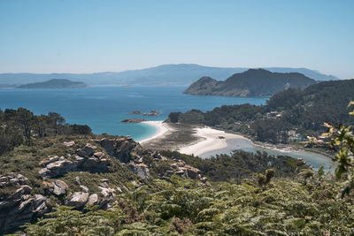 High angle view of bay against clear sky