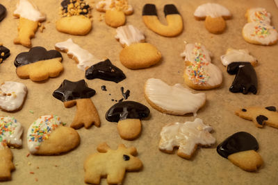 High angle view of cookies on table