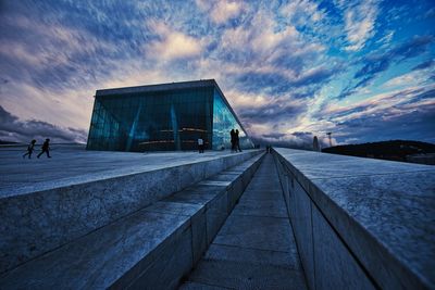 Footpath amidst buildings against sky at sunset