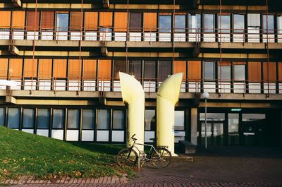 A bicycle in front of the building 