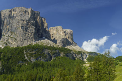 Low angle view of rocks and trees against sky