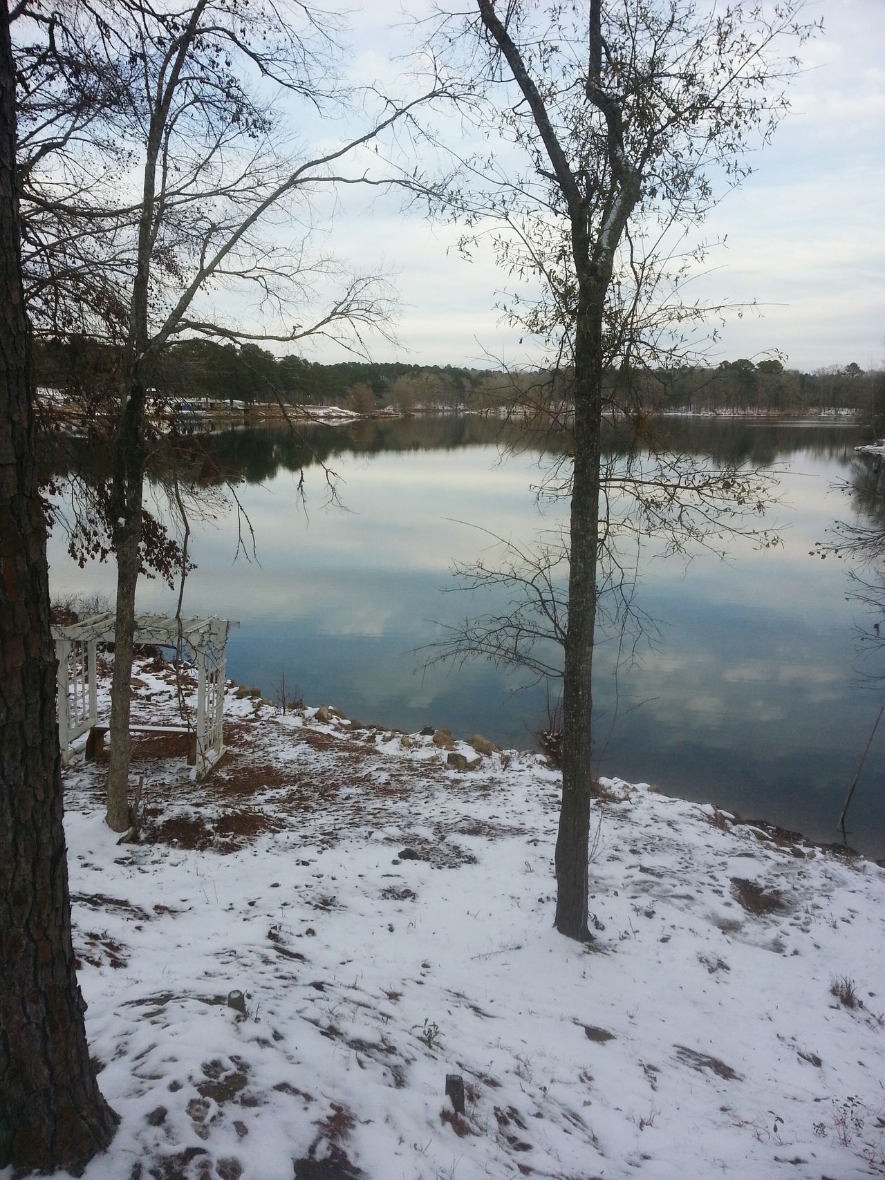 Reflection of trees and snow on lake