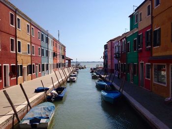 View of boats moored in city