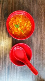 High angle view of soup in bowl on table