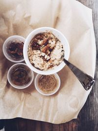 High angle view of breakfast served on table