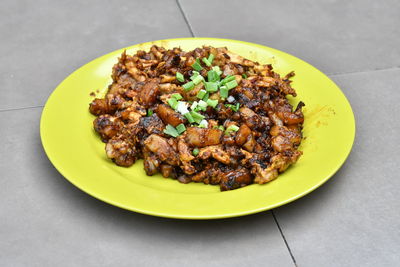 High angle view of food in plate on table