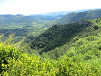 High angle view of landscape and mountains against sky