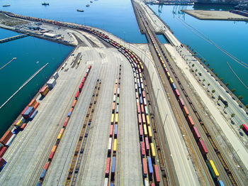 High angle view of cargo container at harbor