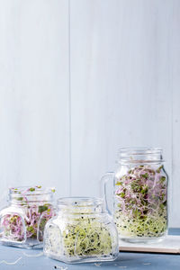 Close-up of bean sprouts in jar on table against wall