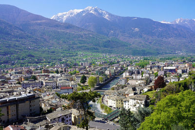 Aerial view of sondrio town in valtellina valley in lombardy region, italy