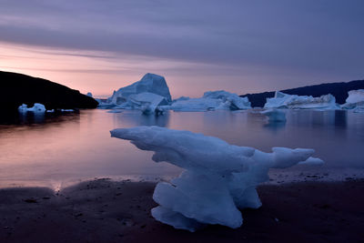 Scenic view of frozen lake against sky during sunset