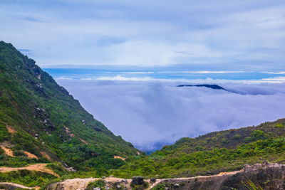 Scenic view of sea and mountains against sky