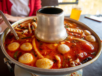 Close-up of noodles in bowl on table