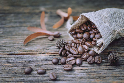 High angle view of coffee beans on table