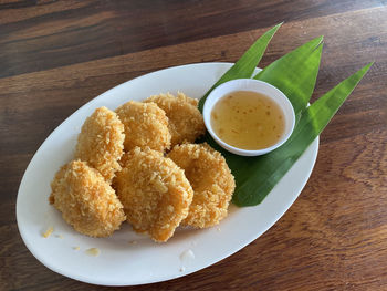 High angle view of food served on table