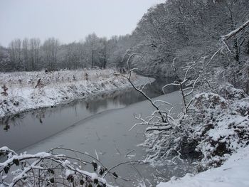 Scenic view of lake against clear sky during winter